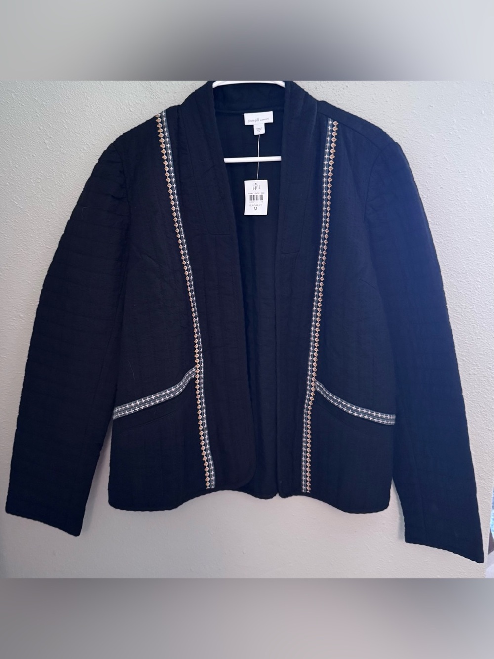 J Jill Quilted Black Open-Front Blazer with Front Pockets and Embroidered Detail